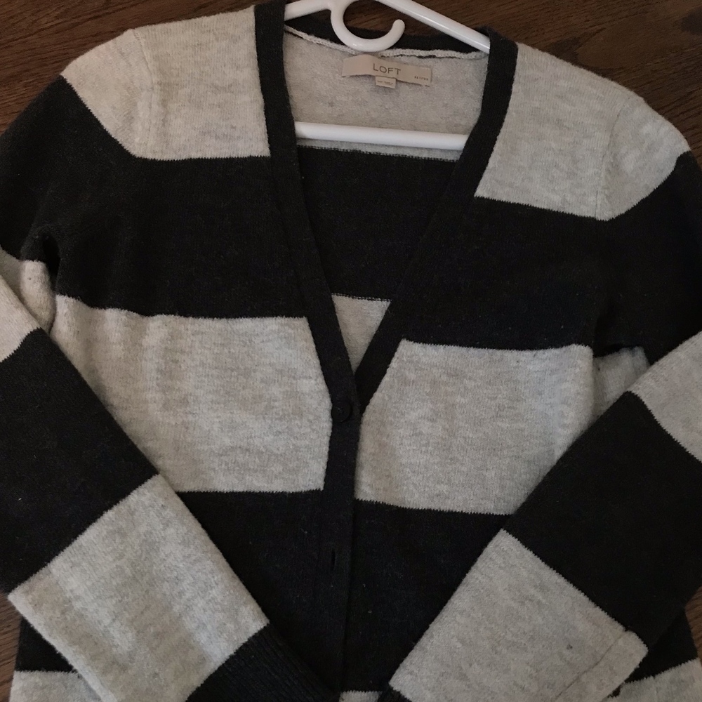 LOFT Charcoal and Light Grey striped long cardigan